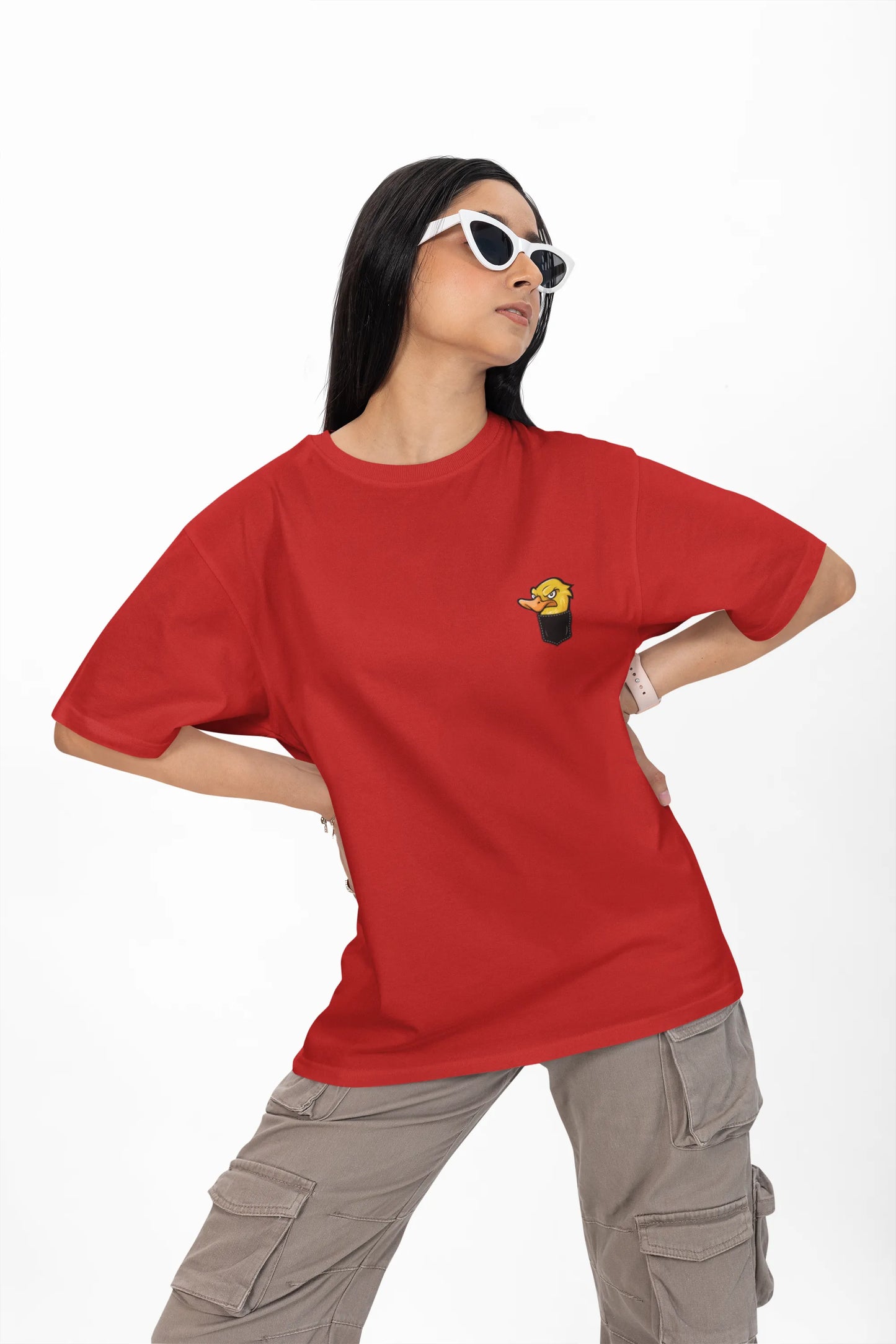 Angry Duck in Pocket Graphic T-Shirt – Cartoon Tee for Women