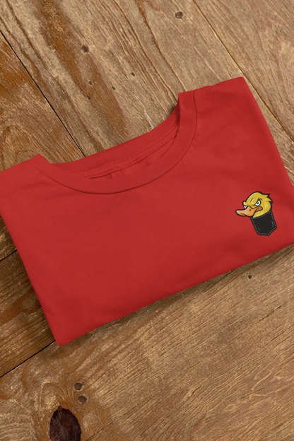Angry Duck in Pocket Graphic T-Shirt – Cartoon Tee for Women
