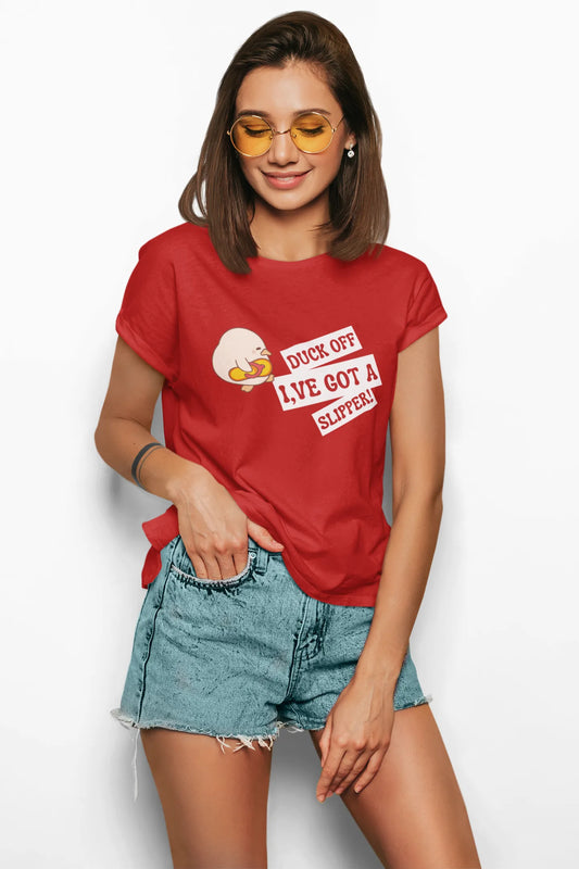 "Funny Duck Off Slipper T-Shirt – Cute Angry Duck Graphic Tee" | Women’s T-shirt for Animal Lovers
