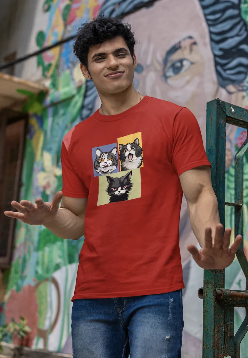 Grumpy, Happy & Surprised Cats Faces Graphic Tee for Men
