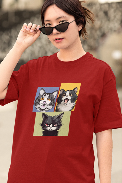 Grumpy, Happy & Surprised Cats Faces Graphic Tee for Women