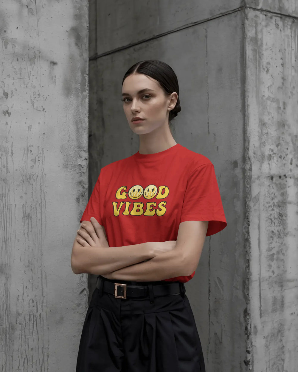 Good Vibes Flame Smiley – Yellow Cartoon Tee for Women