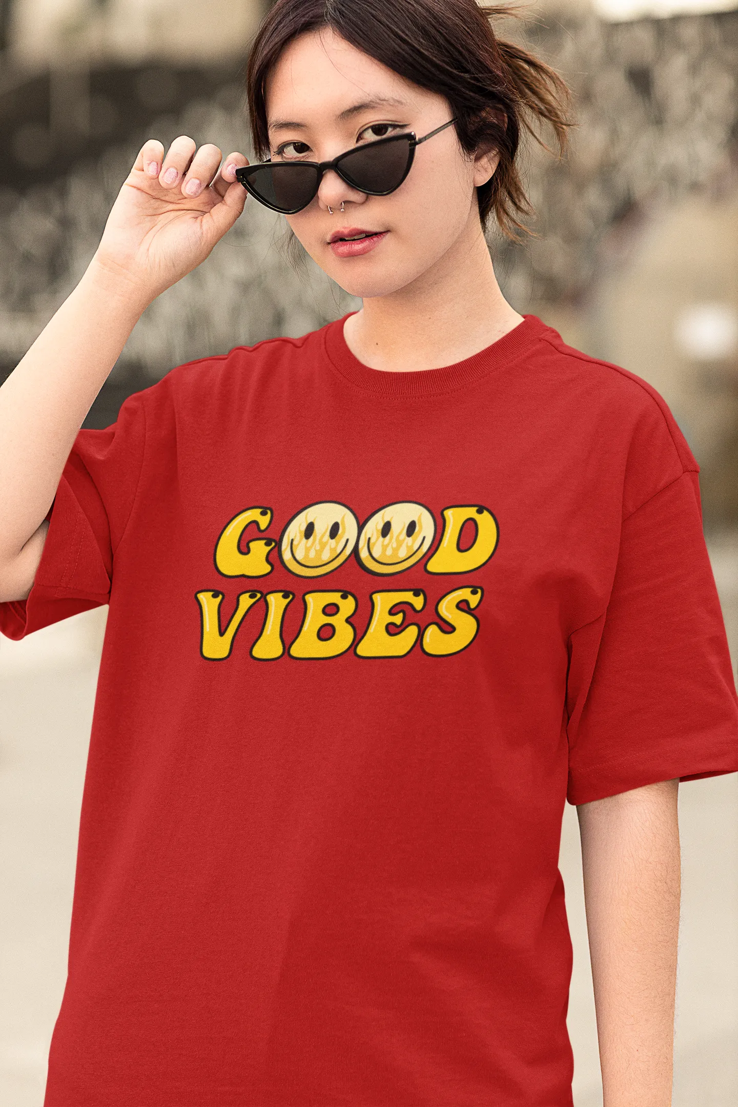 Good Vibes Flame Smiley – Yellow Cartoon Tee for Women