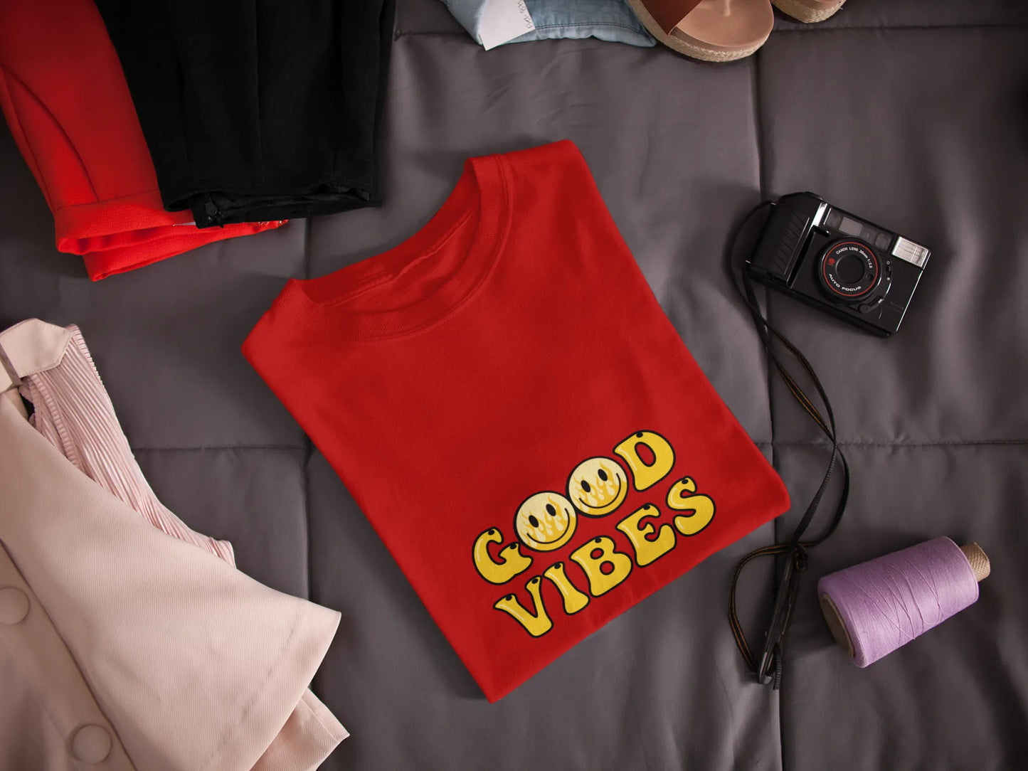 Good Vibes Flame Smiley – Yellow Cartoon Tee for Women