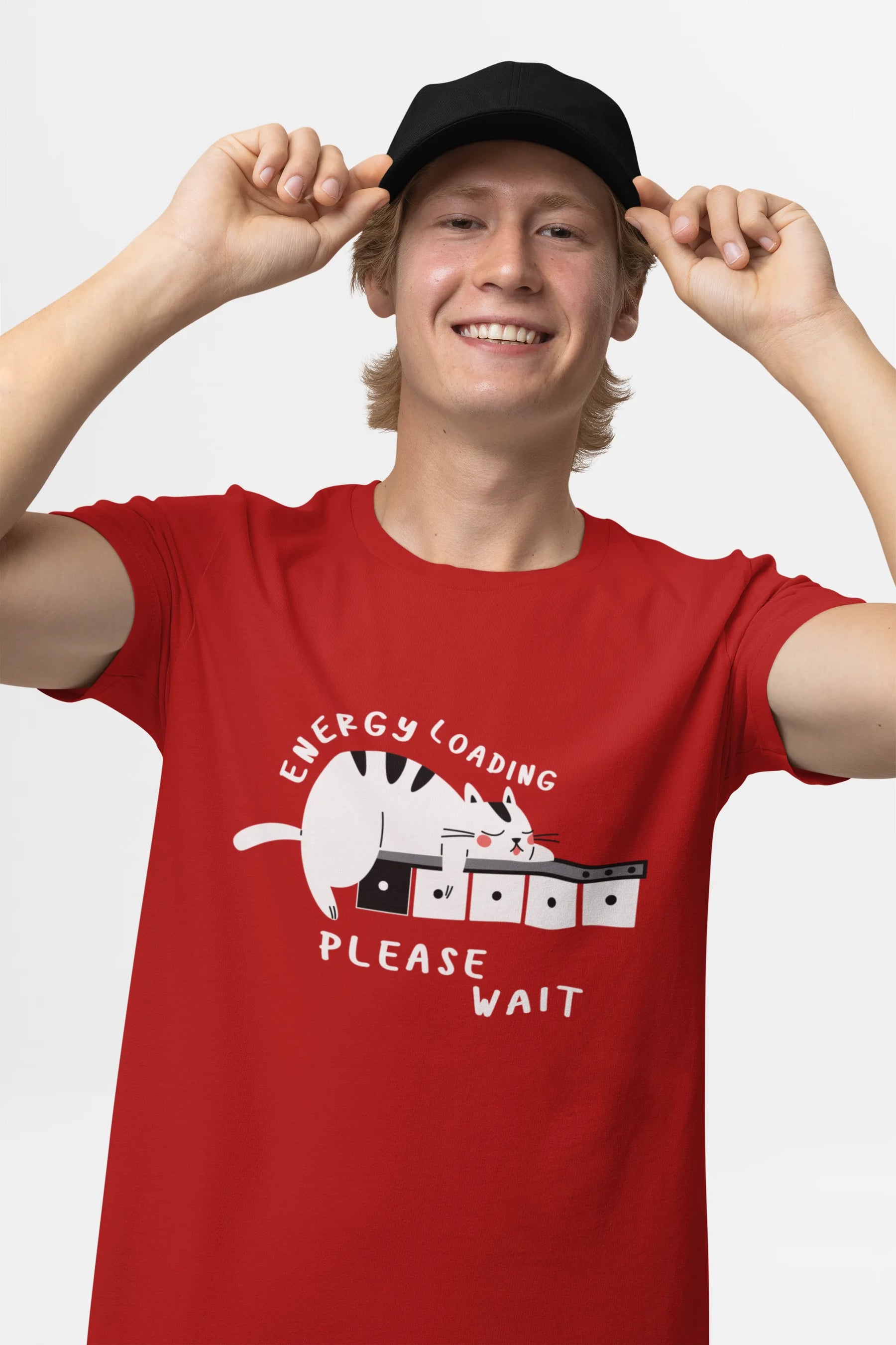 "Low Battery Mode Activated – Cute Lazy Cat Graphic Tee" | Men’s T-shirt for Animal Lovers