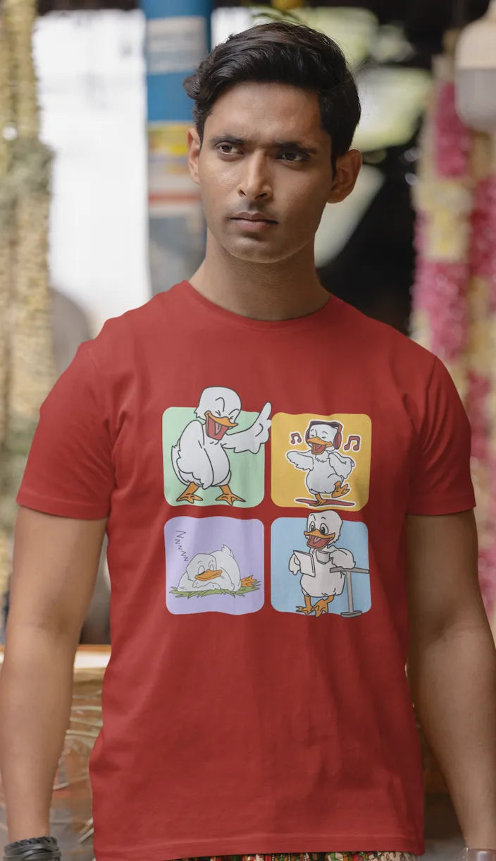 "Mood Swing Duck Graphic T-Shirt – Funny Cartoon Vibes Tee | Chill, Dance, Sleep & Read" | Men’s T-shirt for Cartoon Lovers