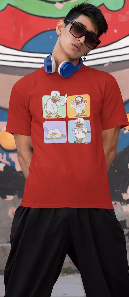 "Mood Swing Duck Graphic T-Shirt – Funny Cartoon Vibes Tee | Chill, Dance, Sleep & Read" | Men’s T-shirt for Cartoon Lovers