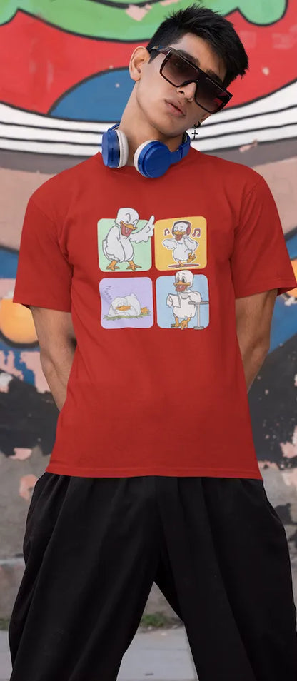 "Mood Swing Duck Graphic T-Shirt – Funny Cartoon Vibes Tee | Chill, Dance, Sleep & Read" | Men’s T-shirt for Cartoon Lovers