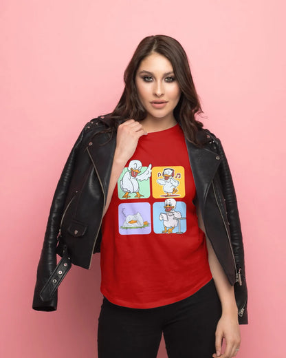 "Mood Swing Duck Graphic T-Shirt – Funny Cartoon Vibes Tee | Chill, Dance, Sleep & Read" | Women’s T-shirt for Cartoon Lovers
