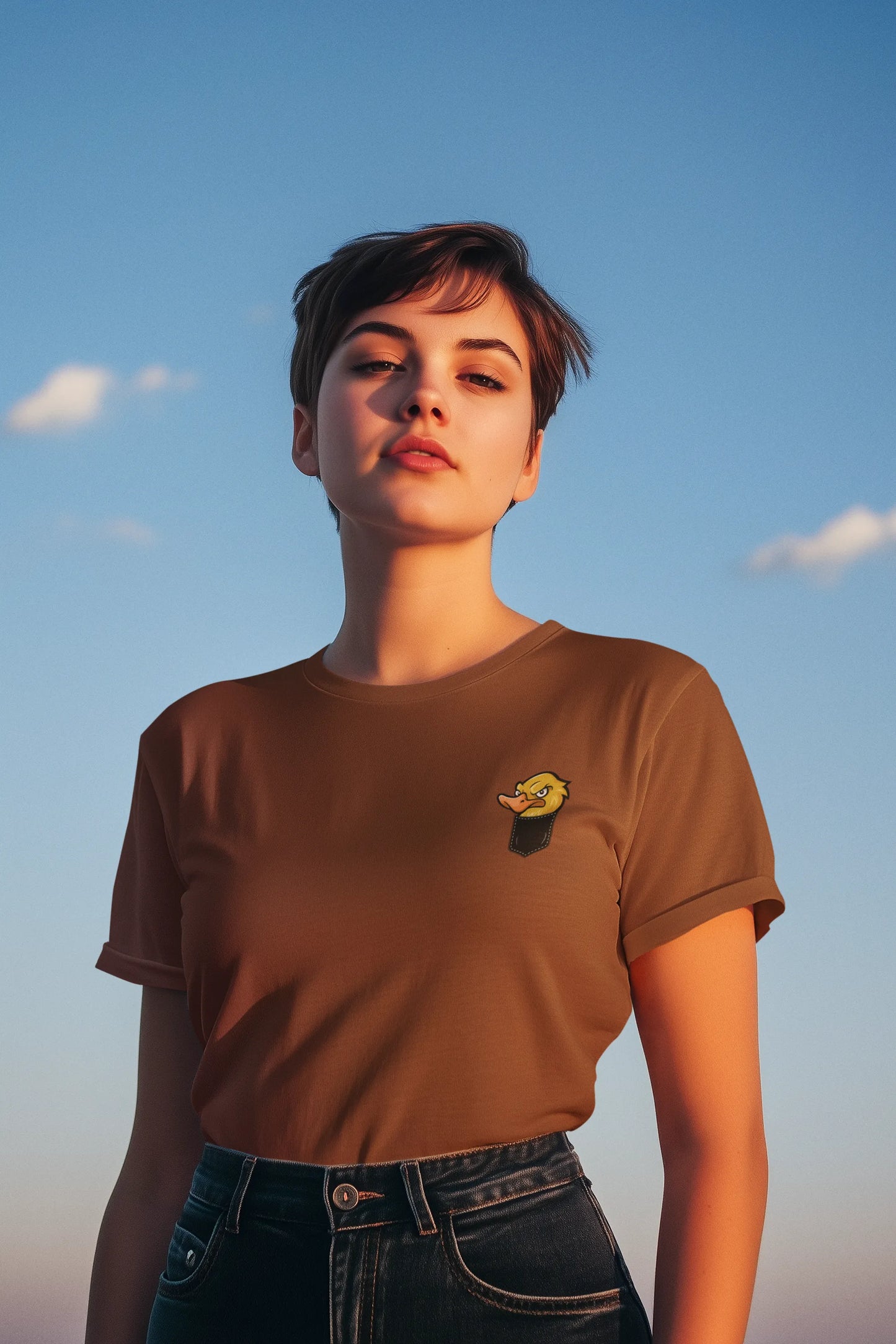 Angry Duck in Pocket Graphic T-Shirt – Cartoon Tee for Women