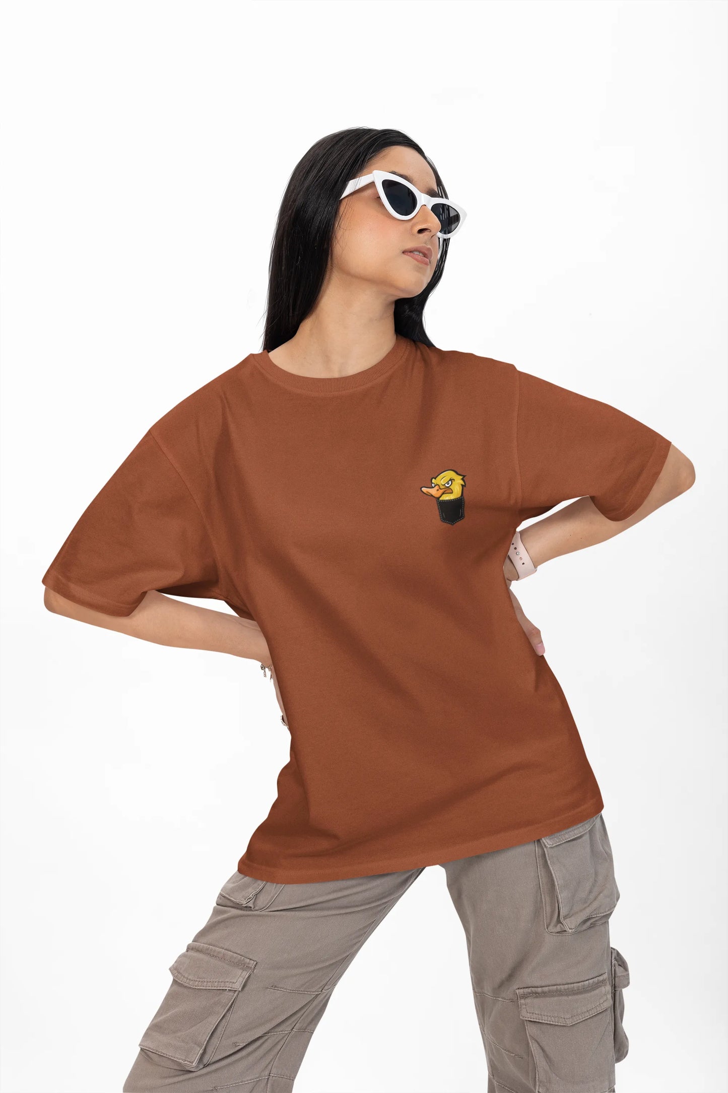 Angry Duck in Pocket Graphic T-Shirt – Cartoon Tee for Women