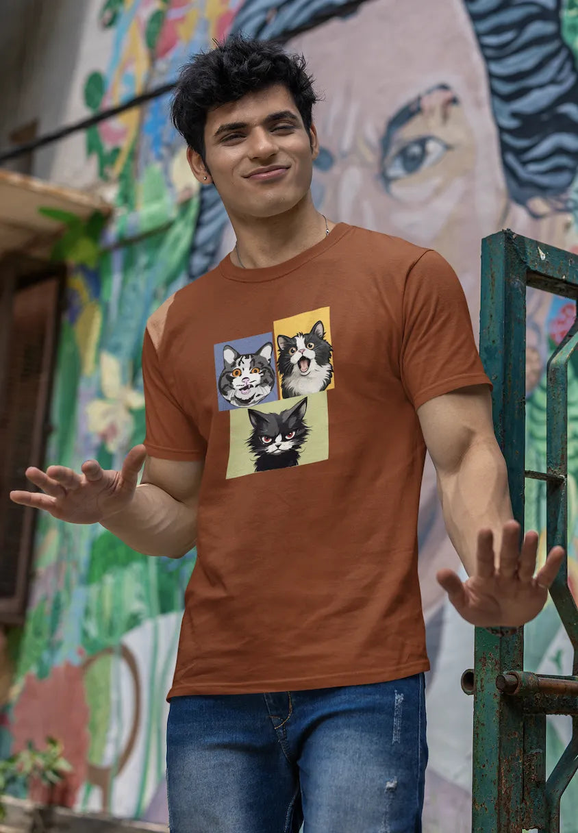 Grumpy, Happy & Surprised Cats Faces Graphic Tee for Men