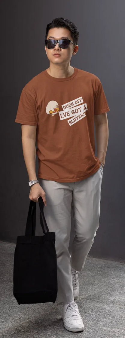 "Funny Duck Off Slipper T-Shirt – Cute Angry Duck Graphic Tee" | Men’s T-shirt for Animal Lovers