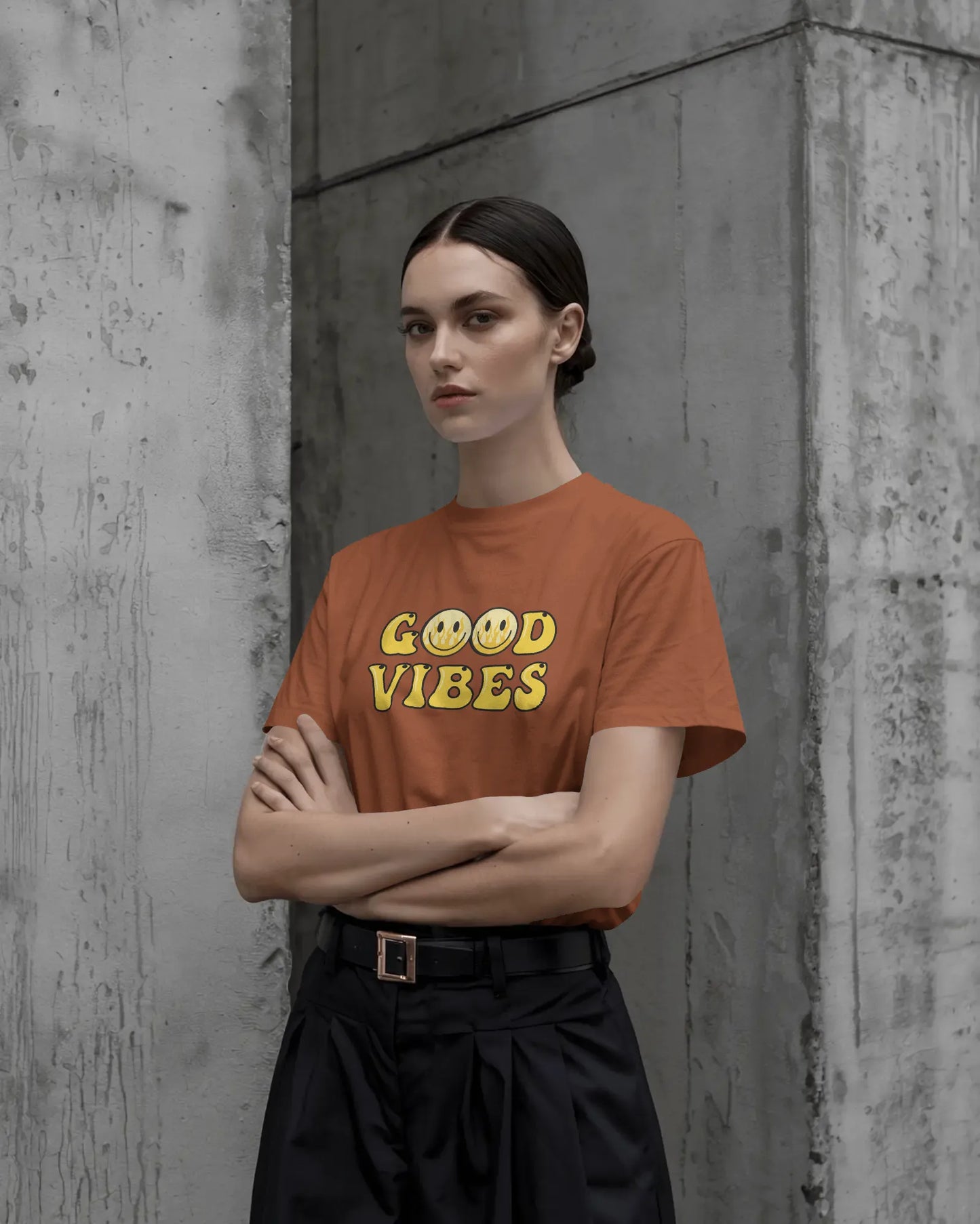 Good Vibes Flame Smiley – Yellow Cartoon Tee for Women