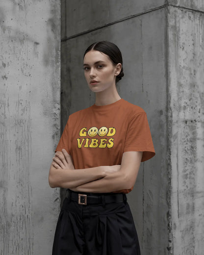 Good Vibes Flame Smiley – Yellow Cartoon Tee for Women