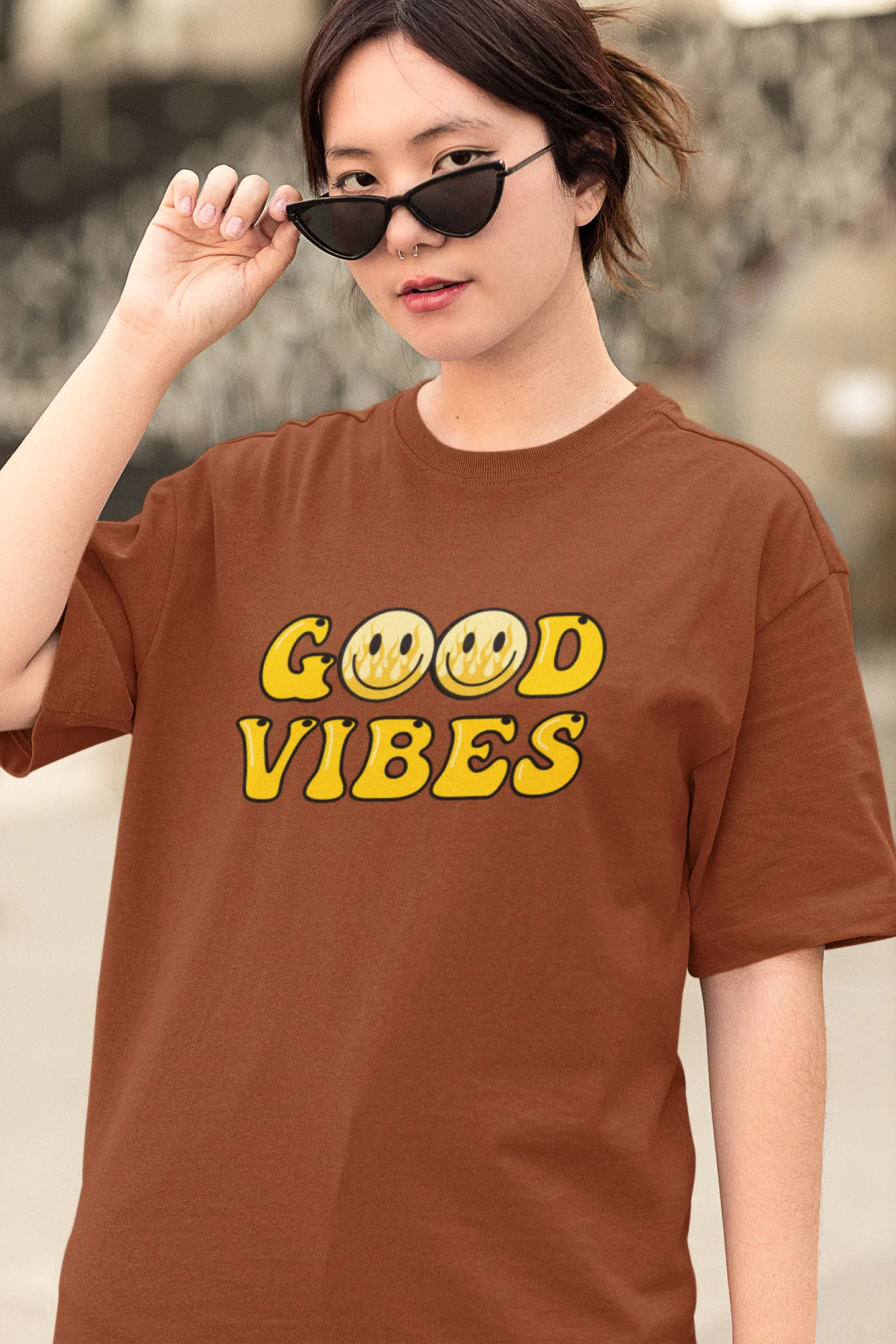 Good Vibes Flame Smiley – Yellow Cartoon Tee for Women