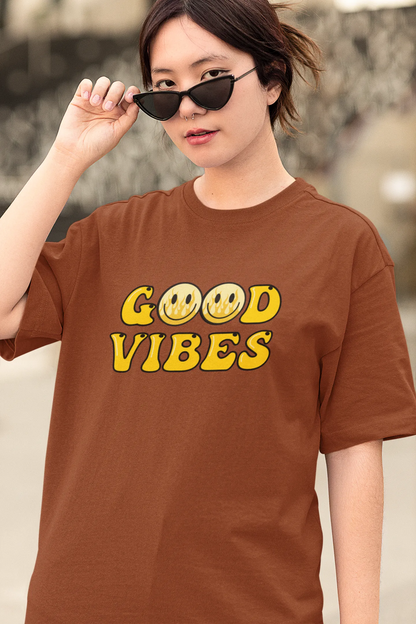 Good Vibes Flame Smiley – Yellow Cartoon Tee for Women