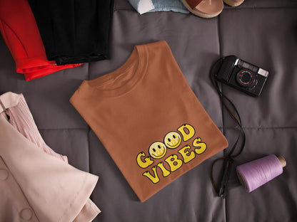 Good Vibes Flame Smiley – Yellow Cartoon Tee for Women