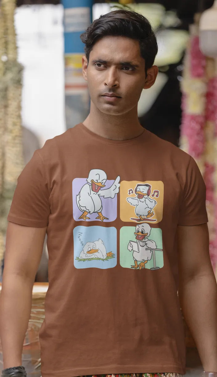 "Mood Swing Duck Graphic T-Shirt – Funny Cartoon Vibes Tee | Chill, Dance, Sleep & Read" | Men’s T-shirt for Cartoon Lovers