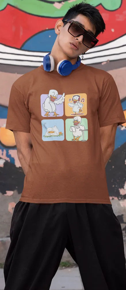 "Mood Swing Duck Graphic T-Shirt – Funny Cartoon Vibes Tee | Chill, Dance, Sleep & Read" | Men’s T-shirt for Cartoon Lovers