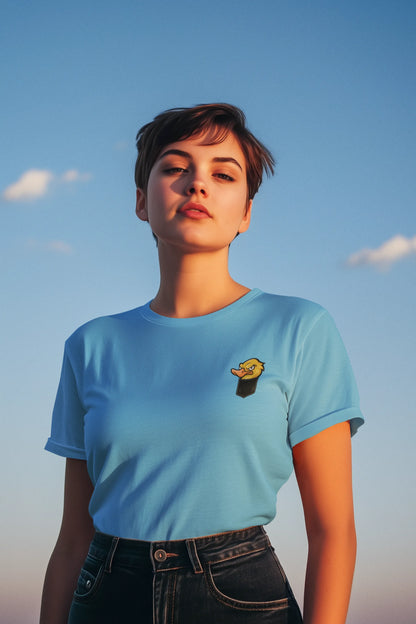 Angry Duck in Pocket Graphic T-Shirt – Cartoon Tee for Women