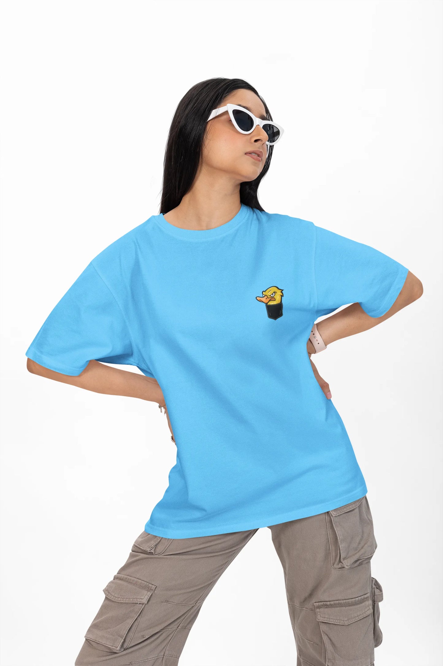 Angry Duck in Pocket Graphic T-Shirt – Cartoon Tee for Women
