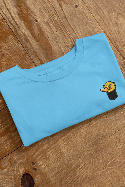 Angry Duck in Pocket Graphic T-Shirt – Cartoon Tee for Women