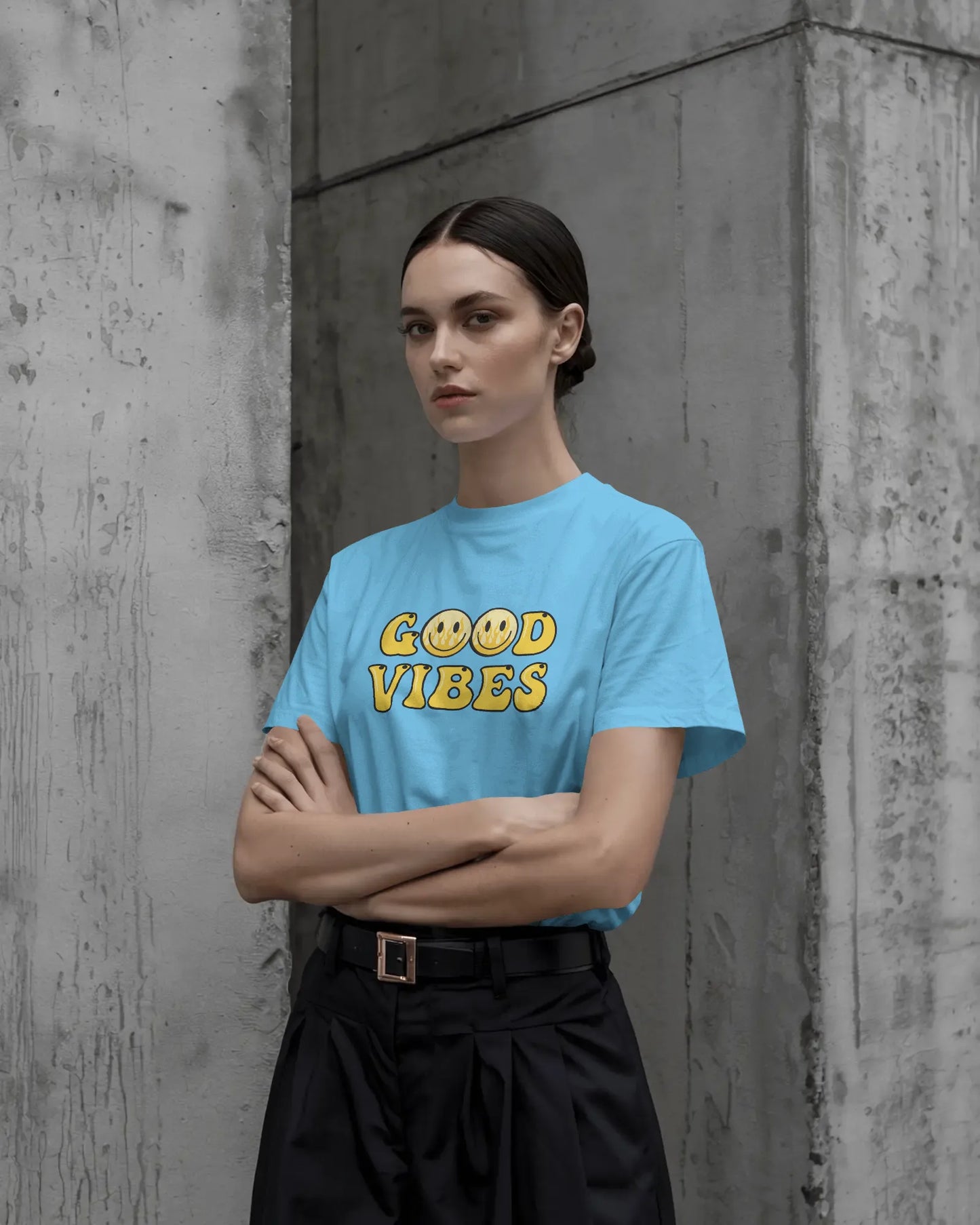 Good Vibes Flame Smiley – Yellow Cartoon Tee for Women