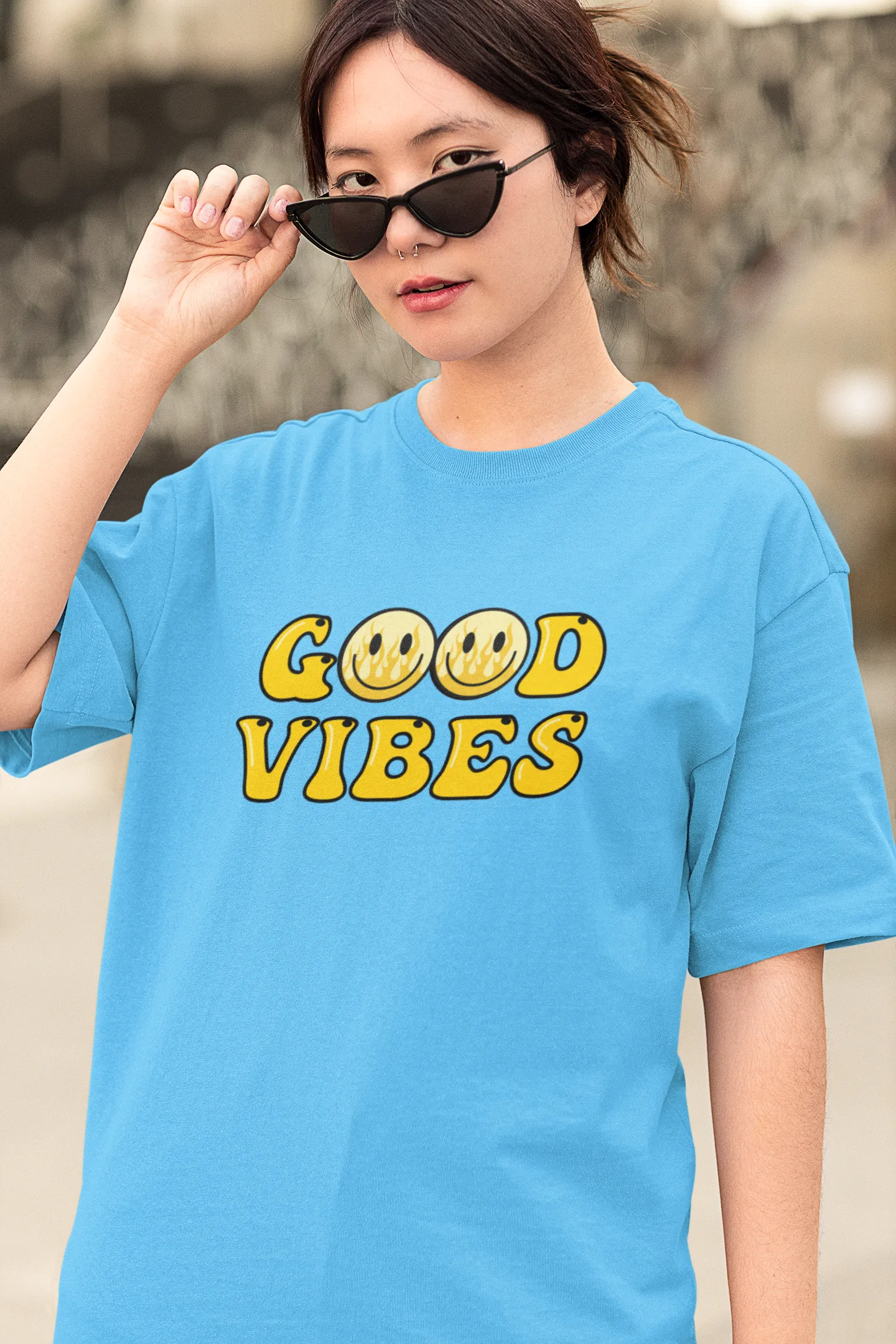 Good Vibes Flame Smiley – Yellow Cartoon Tee for Women