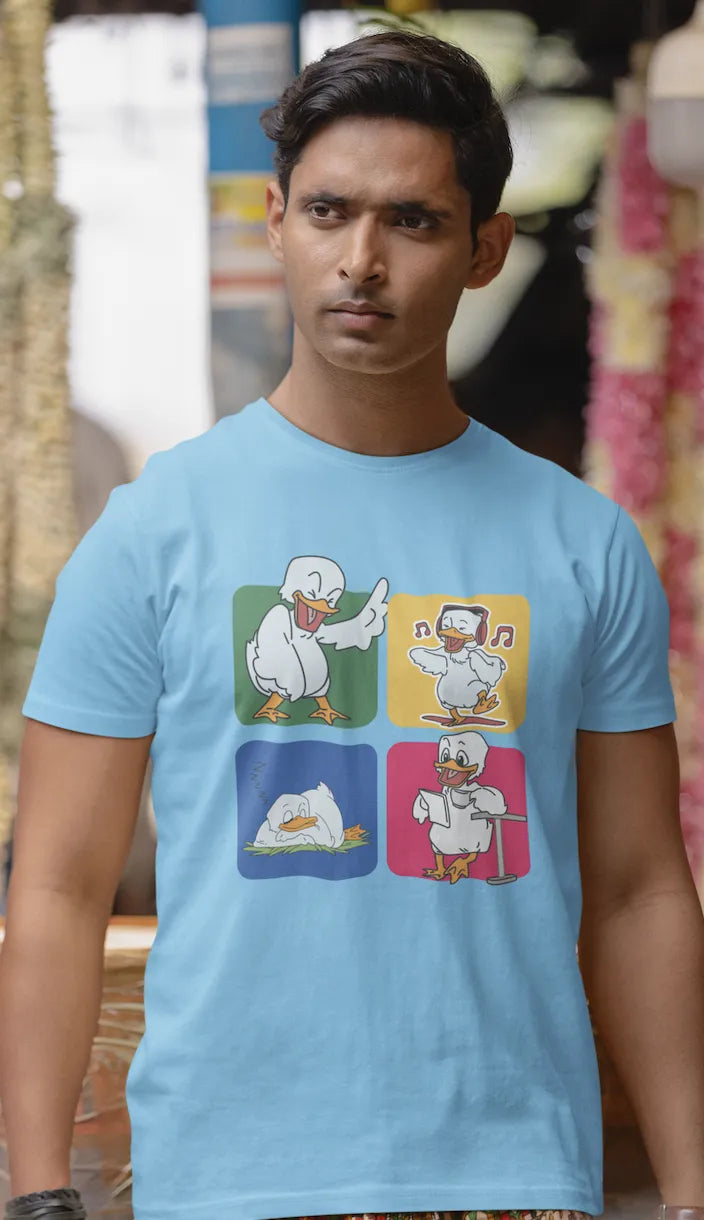 "Mood Swing Duck Graphic T-Shirt – Funny Cartoon Vibes Tee | Chill, Dance, Sleep & Read" | Men’s T-shirt for Cartoon Lovers