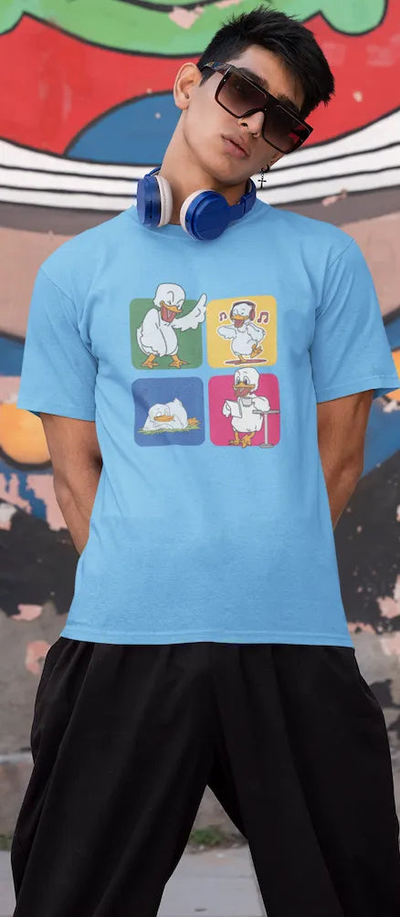 "Mood Swing Duck Graphic T-Shirt – Funny Cartoon Vibes Tee | Chill, Dance, Sleep & Read" | Men’s T-shirt for Cartoon Lovers
