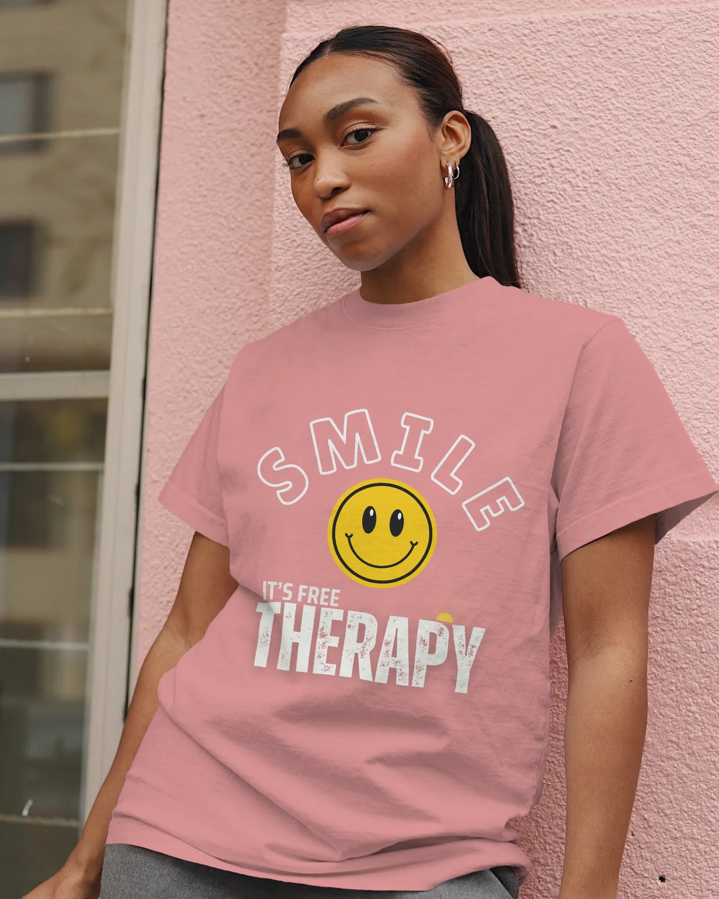 "Smile_It's Free Therapy" | Women’s Motivational T-shirt
