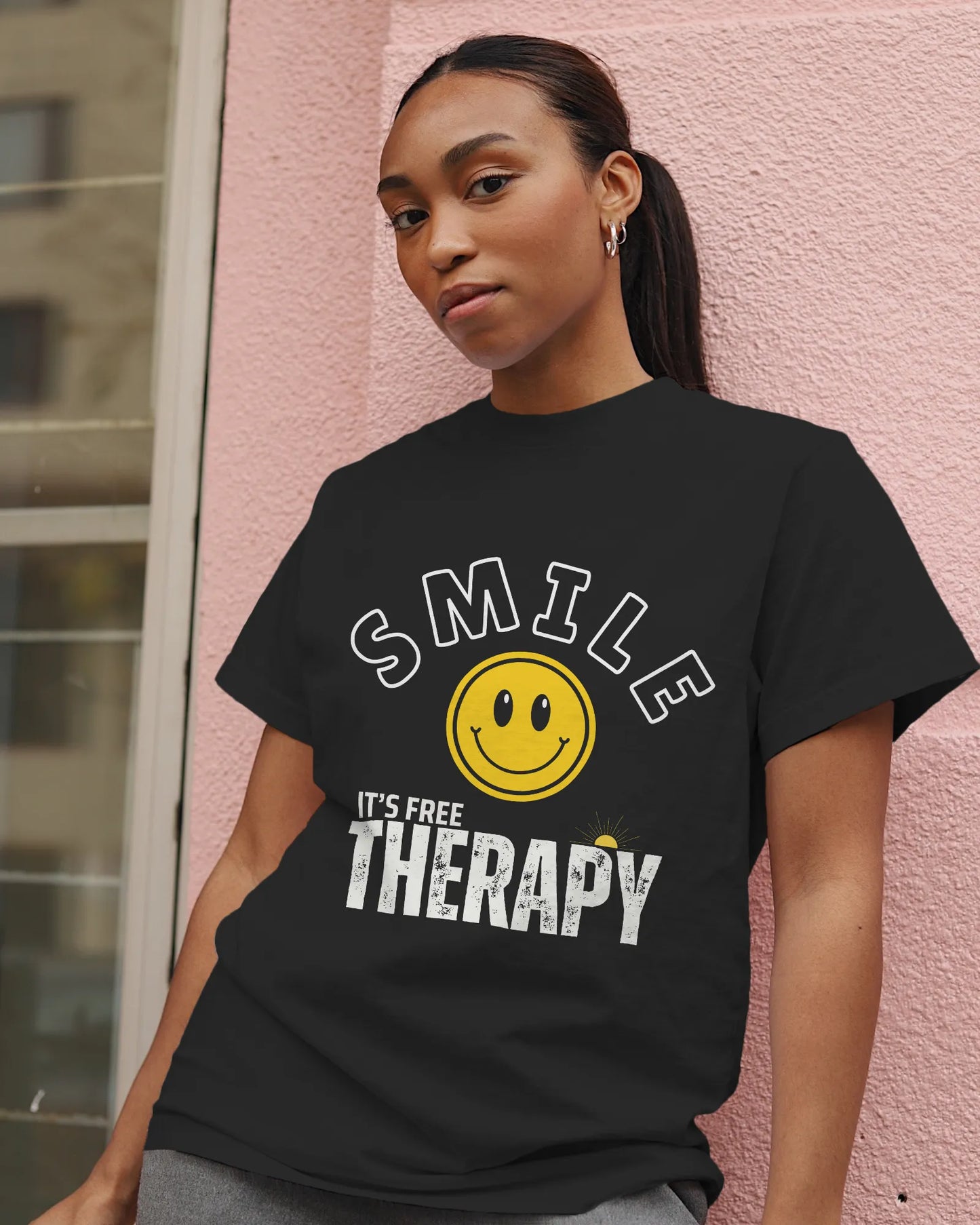 "Smile_It's Free Therapy" | Women’s Motivational T-shirt