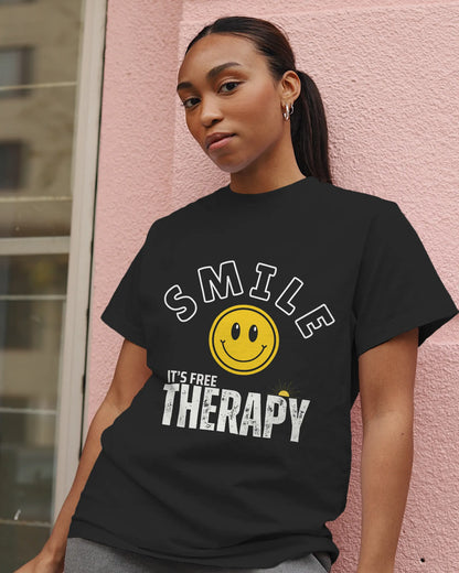 "Smile_It's Free Therapy" | Women’s Motivational T-shirt