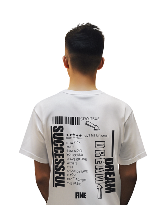 Man wearing an off-white cotton t-shirt with bold black motivational quotes like “Dream,” “Successful,” and “Stay True” printed in modern font on the back and front.