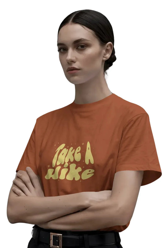 Rust color T-shirt with 'Take A Hike' text in retro yellow font
