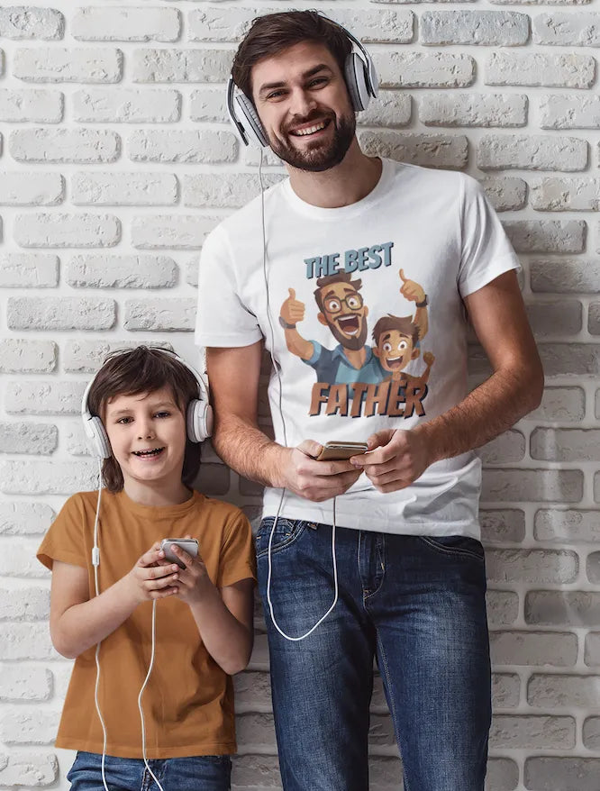 "The Best Father" T-Shirt – Cartoon Dad & Kid Graphic | Perfect Gift for Fathers | Premium Cotton Tee