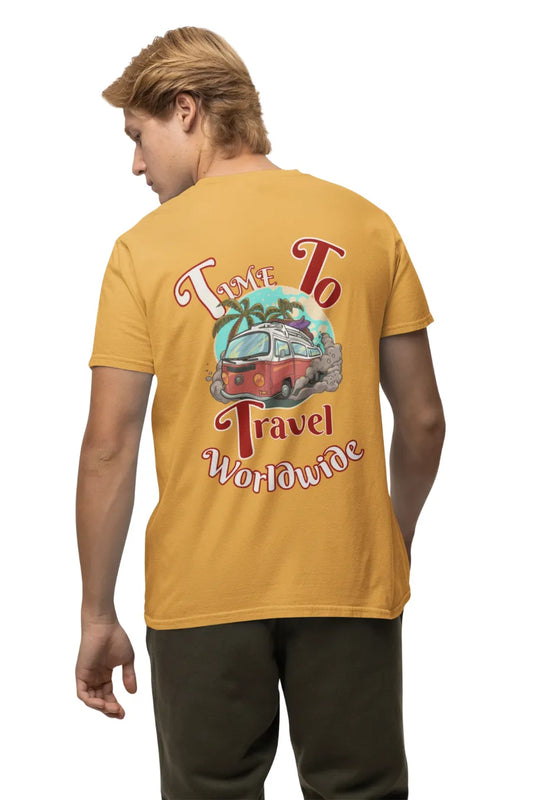 Man wearing a mustard yellow double impact t-shirt with Time To Travel Worldwide print, showcasing front and back travel designs