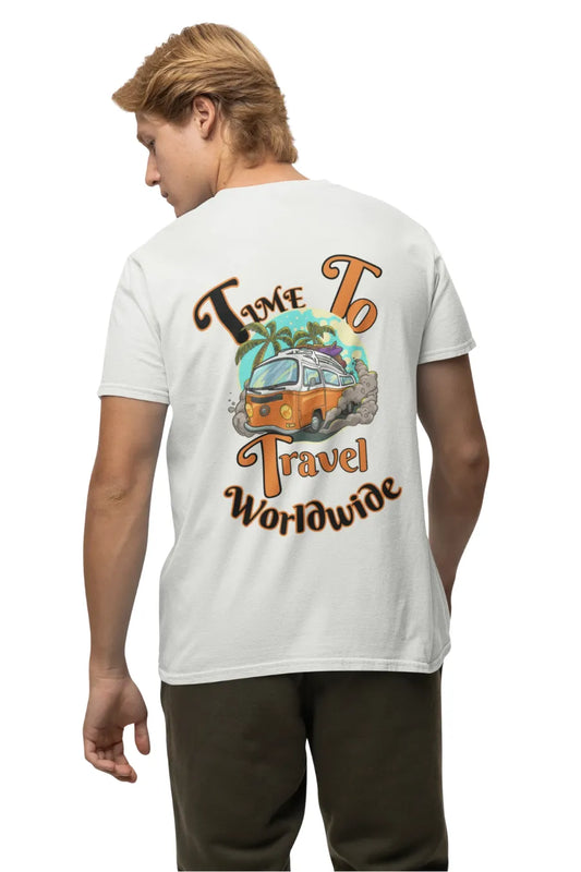 Man wearing an off-white double impact t-shirt with Time To Travel Worldwide print, showcasing front and back travel designs