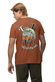Man wearing a rust brown double impact t-shirt with Time To Travel Worldwide print, showcasing front and back travel designs