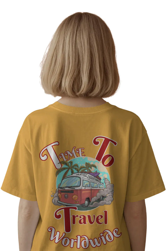 Back view of mustard yellow oversized t-shirt with red camper van and 'Time to Travel Worldwide' text