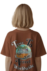 Back view of woman wearing brown relaxed fit t-shirt with van and Time To Travel Worldwide print