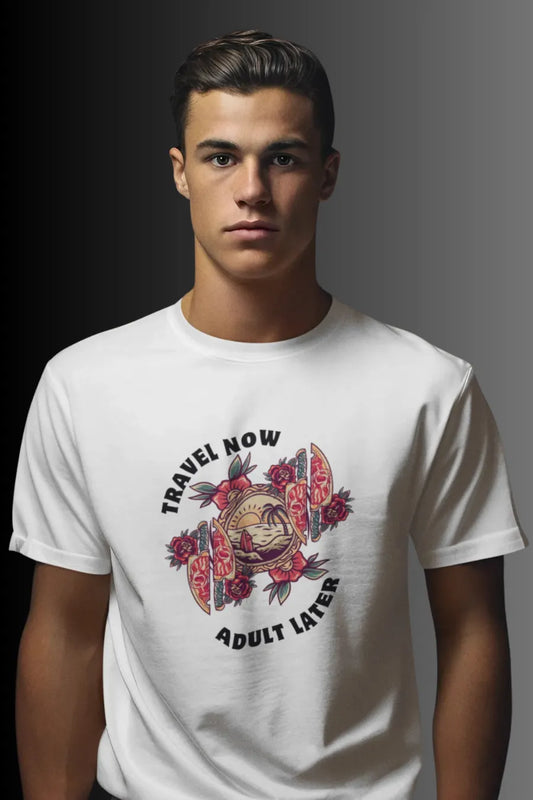 Man wearing an off-White T-shirt with 'Travel Now Adult Later' graphic design featuring sunset, waves, and floral elements