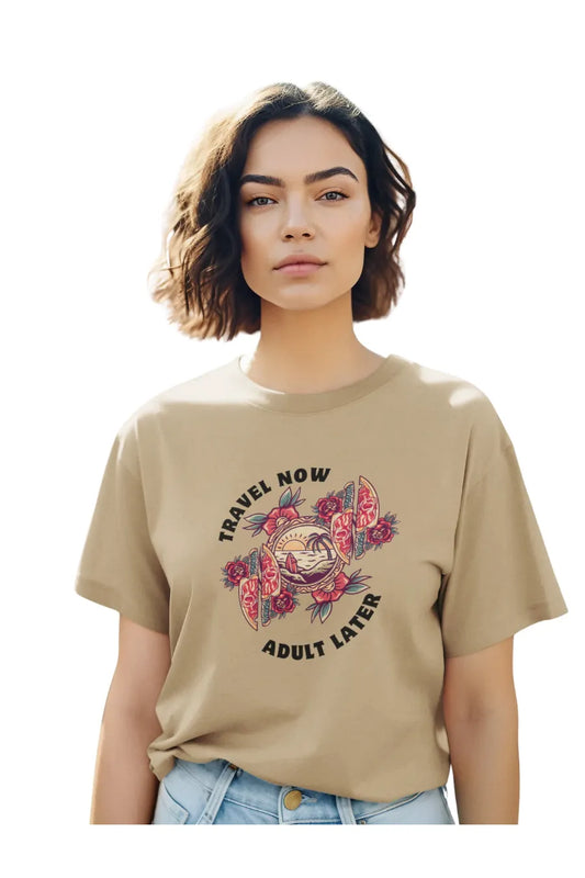 Beige relaxed fit t-shirt with 'Travel Now Adult Later' quote and colorful fruit graphic