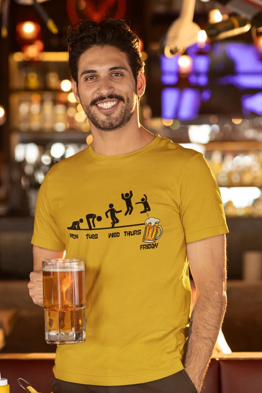 A man wearing a Mustard yellow T-shirt with weekly evolution ending in Friday beer mug illustration