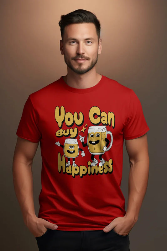 A man wearing a Red t-shirt with cartoon beer mugs and text You Can Buy Happiness